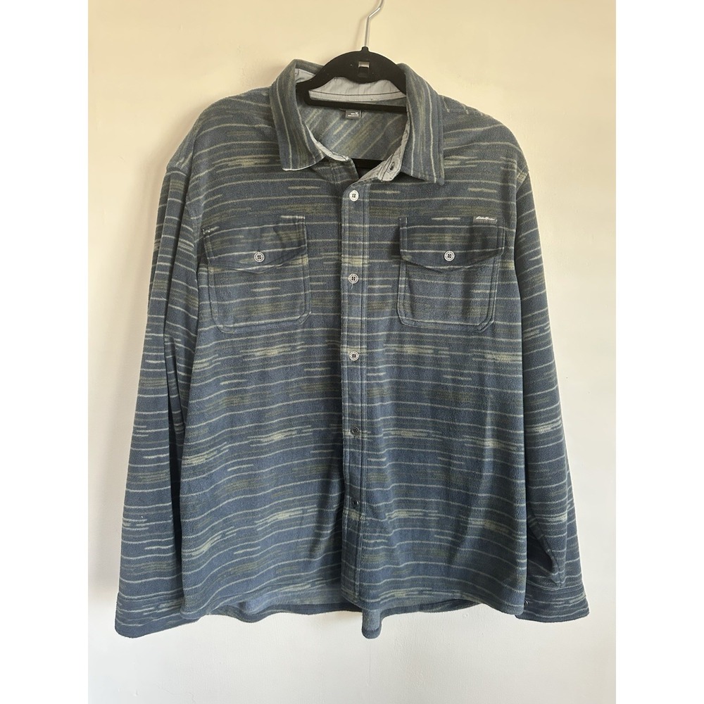 Eddie Bauer Fleece Shirt Shacket XL Teal Slate Blue Southwestern Stripe Pattern